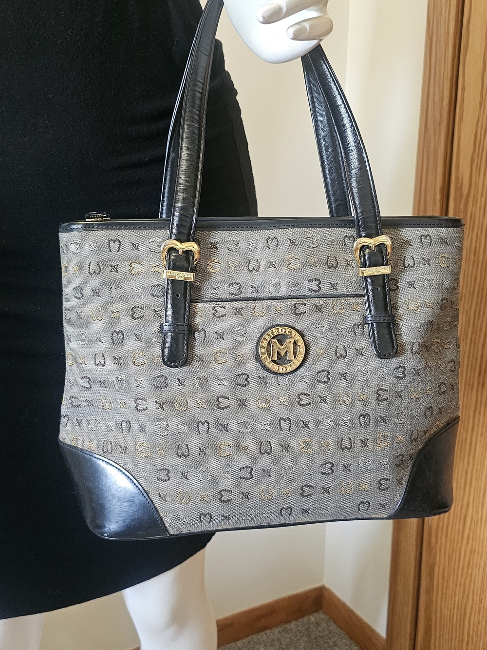 Monogram Canvas Tote with Black Leather Trim and Gold Accents